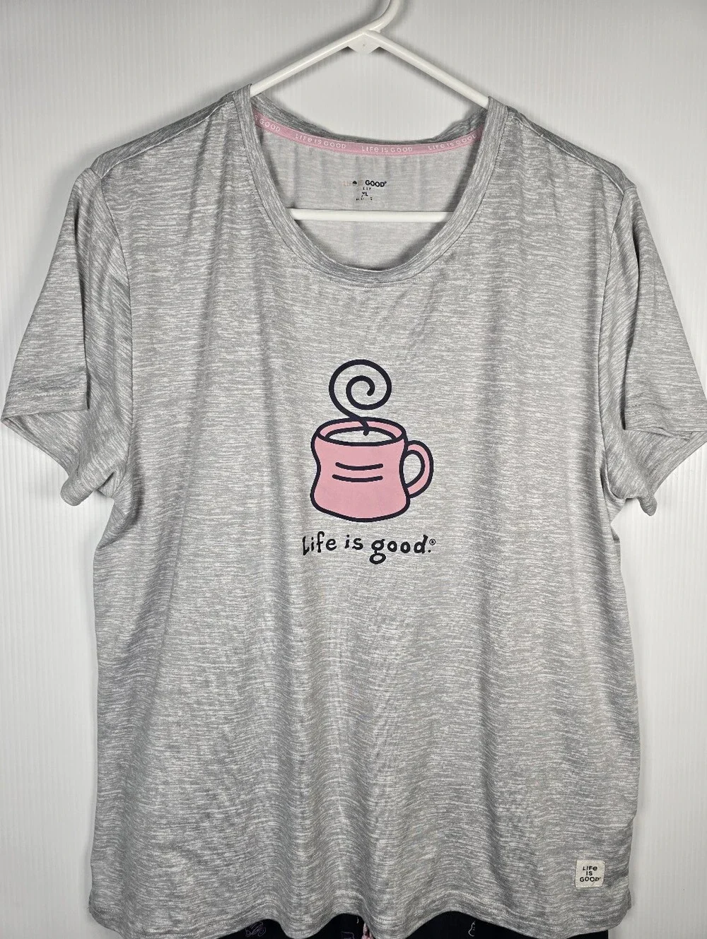 Life Is Good Heather Gray Top and Navy Mug-Print Shorts 2pc. Set Size XL - Picture 2 of 10